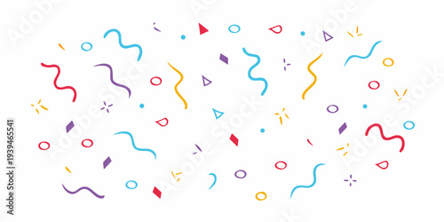 Colorful abstract shapes and lines scattered across a white background