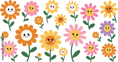 Smiling flower icon collection. Includes smiling flowers, colorful blooms, cartoon plants. Created in flat style with pastel colors.