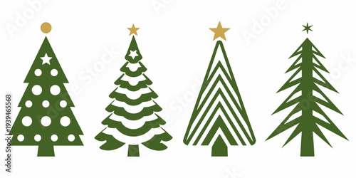 Four stylized christmas trees in varying shades of green and gold