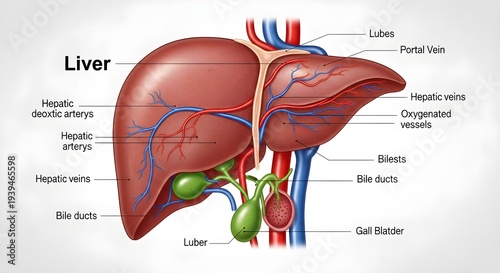 High detailed anatomical illustration of the human liver in color, depicting right and left lobes, hepatic vessels, bile ducts, portal vein, hepatic artery and gallbladder to teach hepatobiliary struc