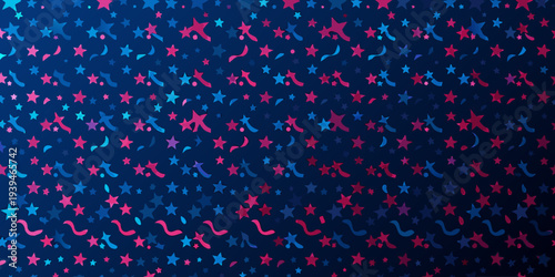 Abstract background featuring scattered pink and blue stars and curved shapes