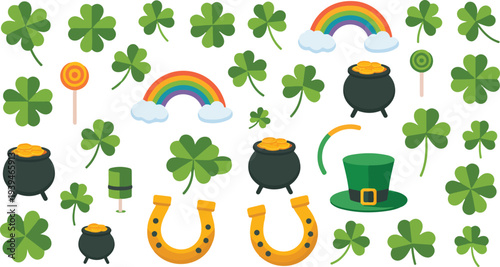 St. Patrick's Day icon collection. Includes shamrocks, pot of gold, rainbows, horseshoes, and leprechaun hat. Created in colorful flat style with green gold palette