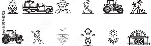 Black silhouette vector icon set of farming and tools arranged in a religious cross pattern symbol for tattoo design