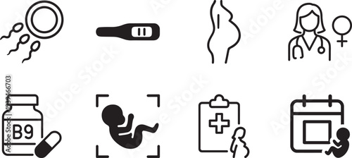 Prenatal fertility icon set in thin line style for pregnancy care, reproductive health and motherhood
