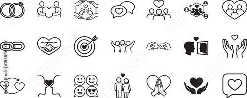 Relationships and emotional connection thin outline icon set for love, friendship and communication