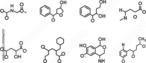 GABA molecular structure icon set in thin line style for neuroscience, chemistry and medicine use