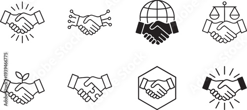 Handshake partnership deal thin outline icon set for corporate trust, agreement, contract and business