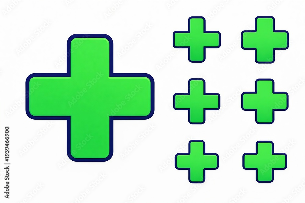 Fototapeta premium Green plus signs, large and small, on white background, symbolizing growth, addition, and medical concepts