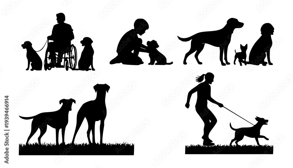 Fototapeta premium Inclusive People Walking and Playing with Dogs Silhouette