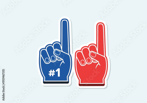 Blue and red foam finger icons with raised index gesture for sports fan enthusiasm and competitive event designt