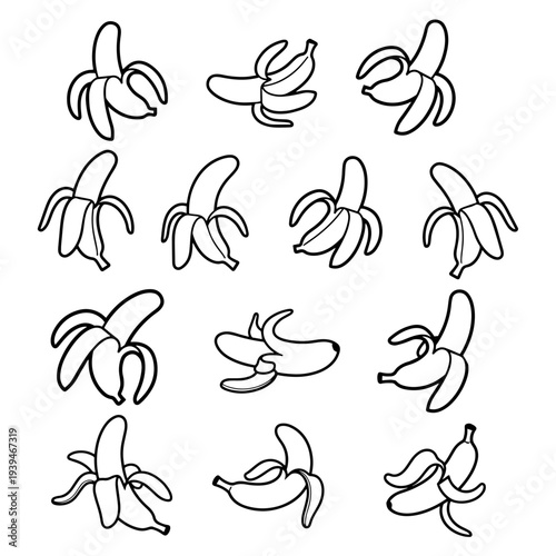 Tropical Banana Fruit Anatomy and Peeling Variations Silhouette Pack