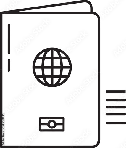 Black and white line art icon clearly depicts a closed international passport with a globe symbol on the cover.