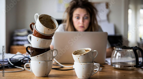 High stack of dirty coffee cups on the desk in front of a shocked woman with a laptop. Funny concept of caffeine abuse and workaholism in the home office