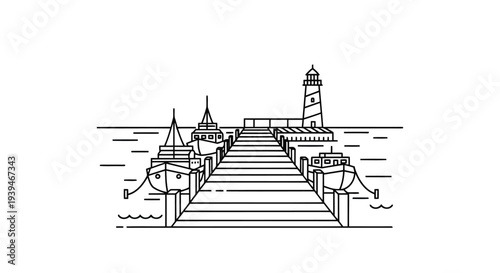Black and white line drawing of a pier with a lighthouse and buildings isolated on white background