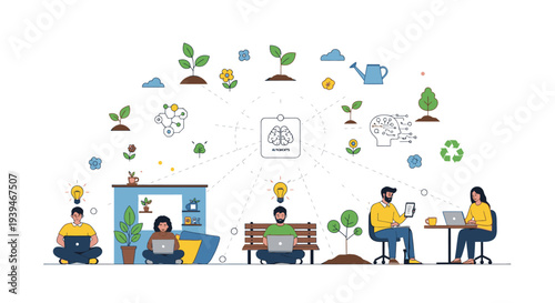 Illustration of diverse people working and brainstorming with eco-friendly and innovative ideas in a modern office space with a green and blue color scheme.