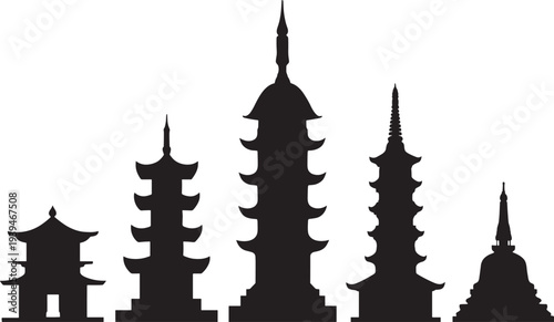 Silhouette Traditional Asian Pagoda Towers Black Zen Spiritual Vector Illustration Design