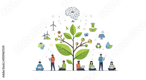 Illustration of diverse people engaging in eco-friendly activities around a growing tree with various environmental icons floating above, on a white background with a green and blue color