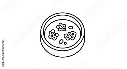A black line drawing of a petri dish containing bacteria or cells on a in a minimalist flat vector style isolated on white background