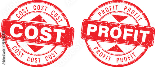 Set of red cost and profit round rubber stamps with grunge texture for financial business