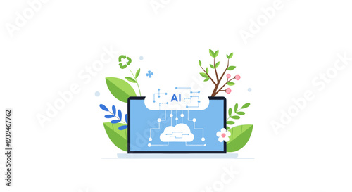 Flat design illustration of a blue folder with a cloud and AI icons surrounded by green leaves and colorful flowers on a white background.
