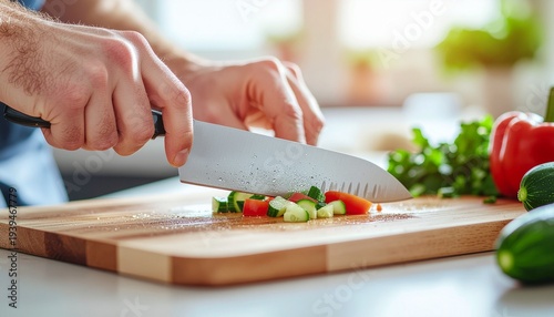 Close-up of a person's hands chopping fresh vegetables on a wooden board in a bright kitchen