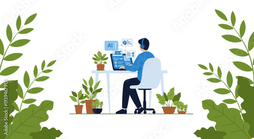 Illustration of a man working on a computer surrounded by plants in pots on a white background with a minimalist office setup.