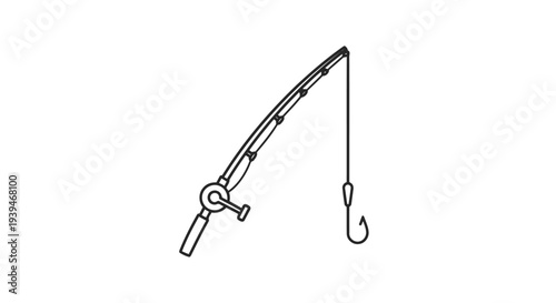 Black line drawing of a fishing rod with hook isolated on white background