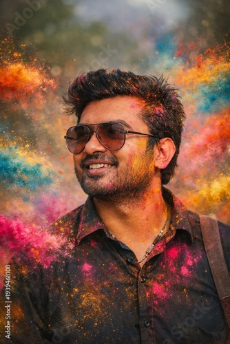 Man Celebrating Holi Festival with Colorful Powder Exploding