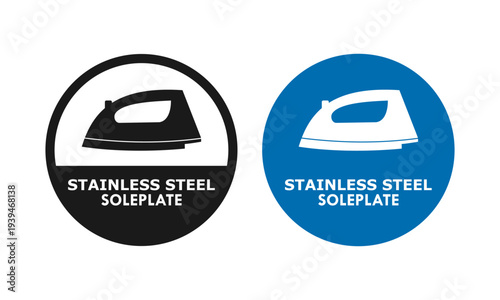 Premium stainless steel soleplate icon set featuring a steam iron silhouette on a serrated seal badge, ideal for electric iron features, laundry care, and product quality labeling.