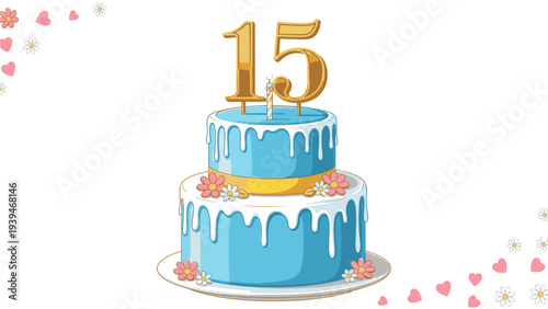 Flat lay of a two-tiered blue birthday cake with white icing and gold '15' candle on top, surrounded by pink hearts and flowers on a white background.