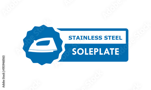 Premium stainless steel soleplate icon set featuring a steam iron silhouette on a serrated seal badge, ideal for electric iron features, laundry care, and product quality labeling.