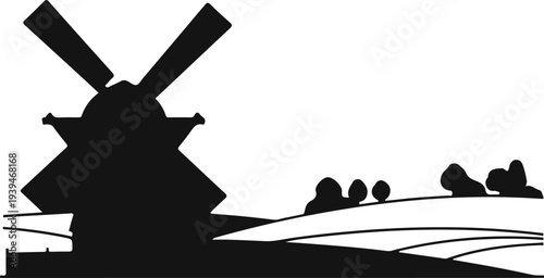 Silhouette of a windmill with stylized landscape and trees in the background
