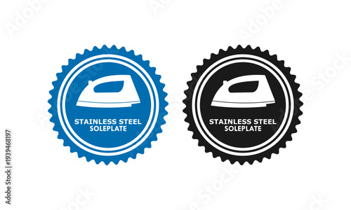 Premium stainless steel soleplate icon set featuring a steam iron silhouette on a serrated seal badge, ideal for electric iron features, laundry care, and product quality labeling.