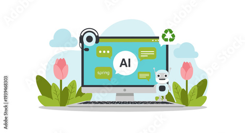 Flat illustration of a laptop with AI interface surrounded by pink flowers and a robot on a white background with green leaves and blue clouds.