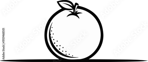Stylized black and white line art of a round fruit with a stem and leaf