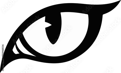 Stylized black feline eye with sharp lines and curves on a white background