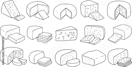 Collection of Hand Drawn Cheese Varieties Isolated White Background food dairy