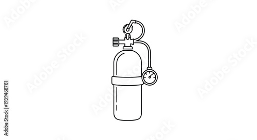 Minimalist line drawing oxygen tank with gauge and regulator isolated on white background