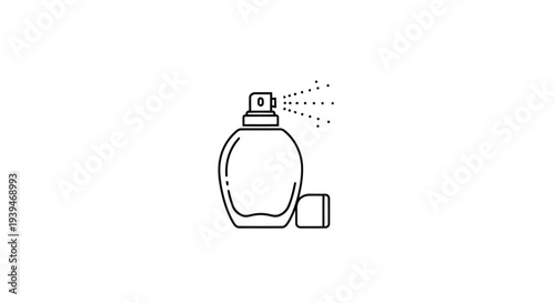 Minimalist black line drawing of perfume bottle with cap off and spray particles isolated on white background