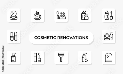 Cosmetic Renovations Line Icon Set – Professional Minimal Outline Icons Collection with Modern Editable Vector Elements for Construction and Home Improvement Projects