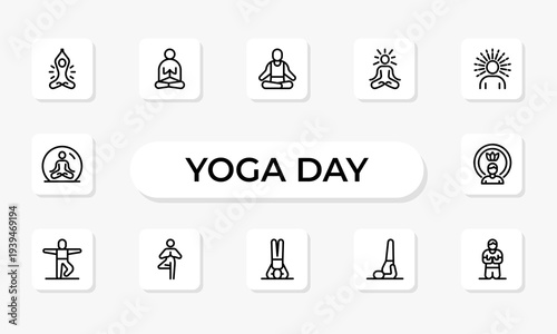 Yoga Outline Set – Modern Thin Outline Icons Collection Featuring Yoga Asanas, Meditation and Relaxation Symbols, Isolated on Transparent Background, Clean Vector Illustration