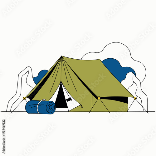 green camping tent with a rolled sleeping bag and camping gear on the ground, flat design, minimal style, soft colors, outdoor adventure theme