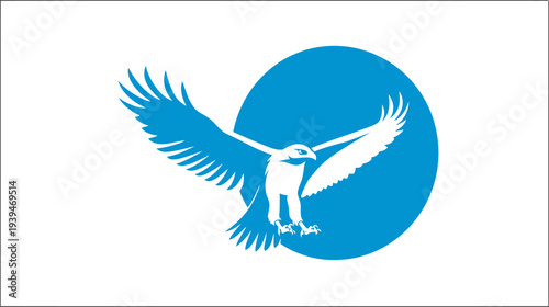 Dynamic blue eagle or hawk graphic illustration with outstretched wings soaring over a blue circular background, symbolizing freedom and power.
