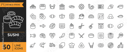 Sushi outline icons set. Editable stroke. Vector illustration.