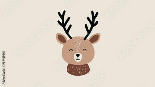 Cute cartoon deer head illustration with antlers on a light background, smiling happy forest animal character design.