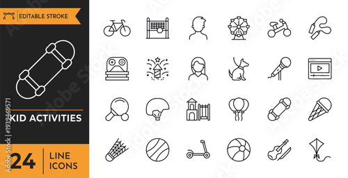 Kid activities outline icons set. Editable stroke. Vector illustration.
