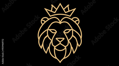 Elegant golden line art lion head with crown illustration on black background. Majestic king animal symbol of power and strength.