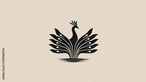 Elegant minimalist black peacock silhouette logo with fanned tail feathers, artistic bird icon on a light beige background.