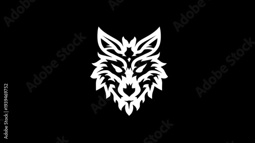 Stylized white wolf head illustration, wild animal graphic emblem on black background, powerful predatory symbol design.