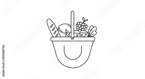 Line drawing shopping basket filled with bread cheese and grapes isolated on white background